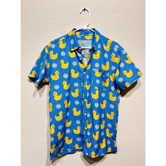 Retro Rifle Killer Duck All Over Mens Medium Button Front Shirt Blue Yellow - Picture 1 of 3